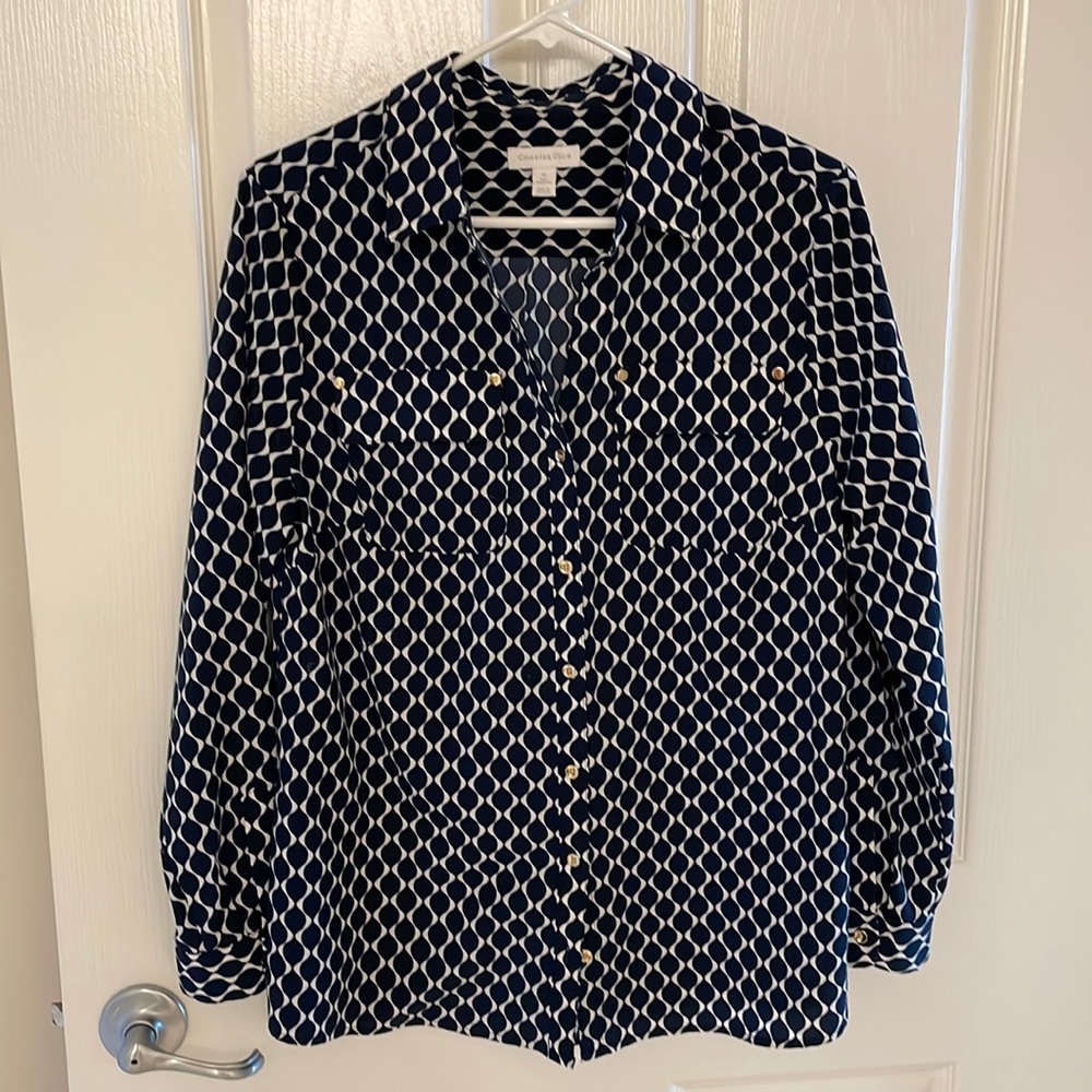 Blue and white print blouse